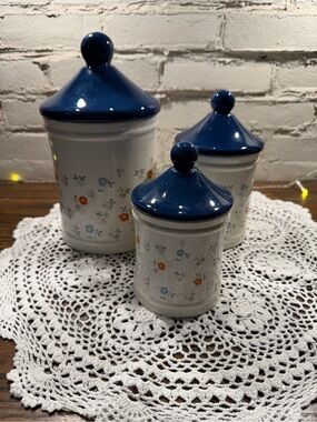 Vintage Cottage Core Ceramic Canister Set with Navy Lids and Floral Pattern